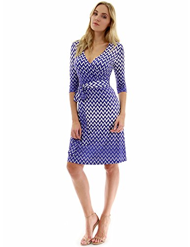 PattyBoutik Women Faux Wrap A Line Dress (Blue and White 20 Small)
