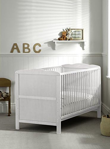 White Wood Baby Cot Bed & Deluxe Sprung Mattress Converts into a Junior Bed, 3 Base Level (White)