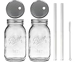 2 Glass Mason Drinking Jars with 2 Straw Hole Lids, 2 Glass Straws (10