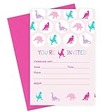 Girls Dinosaur Birthday Party Invitations with Pink Envelopes (15 Pack) Kids Birthday, Baby Shower, Fill-In Invites