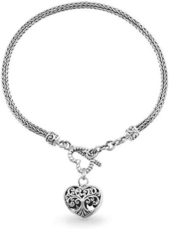 Sterling Silver Tree Of Life Heart Charm Toggle Byzantine Bracelet for Women