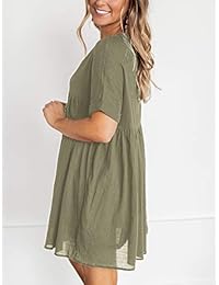 YIBOCK - Mini vestido de manga corta con cuello en V plisado para mujer