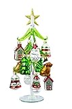Red Carpet Small Glass Christmas Tree & Assorted Vintage North Pole Ornaments 13 Piece Set