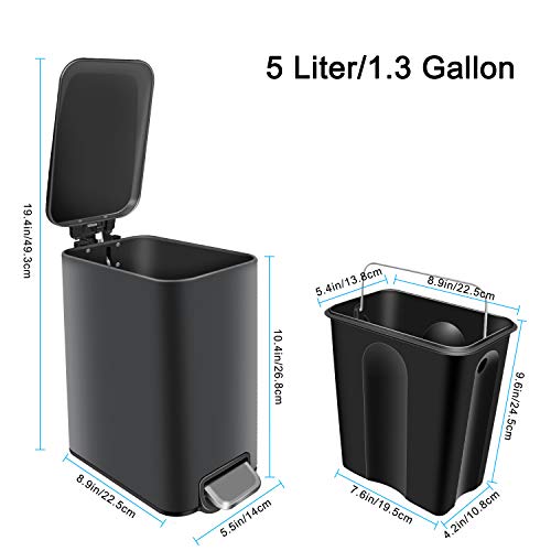 H+LUX Rectangular Bathroom Trash Can with Lid Soft Close, Small Trash Can with Removable Inner Wastebasket, Anti-Fingerprint Matt Finish, 5L/1.3Gal, Gray