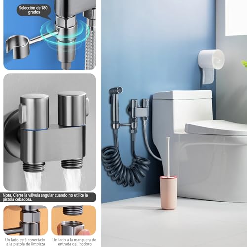 AMZYYDS Bidet Pulverizador, válvula control doble 2 en 1,manguera para wc | llave doble salida,manguera para baño 2M,para WC para limpieza inodoros, baño mascotas, Higiene Personal bidet manguera negro