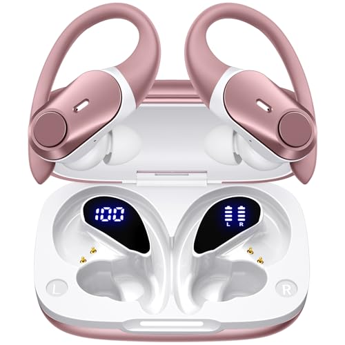 Active Noise Cancelling Ear Buds Wireless Earbuds 80H Playtime Bluetooth Headphones Over Ear Hooks Earphones with Power Display Case Hi-Res Stereo & Clear Calls for Sports Running Gym Workout Rouge