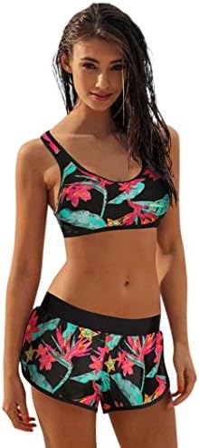 Womens Athletic Two Piece Bikini Set Stripe Deep V Halter Bra Swimsuit Boyshort Beachwear Bathing Suits Swimming Costumes Red