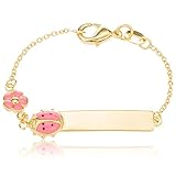 Two Year Warranty Gold Overlay 5 Inch ID Bar Baby Bracelet with a Pink Ladybug & Flower Charm (T-969)