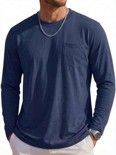 Cavva Men's Cotton Long Sleeve T-Shirt with Pockets Basic Crew Neck Long Sleeve Fall Tops