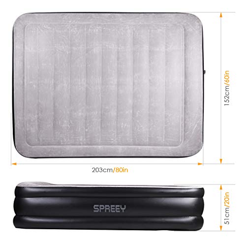 SPREEY Queen Air Mattresses with Built-in Electric Pump, Flocked Top Airbed with Storage Bag for for Home, Office and Outdoor, Inflated Size 80 x 60 x 20 Inch