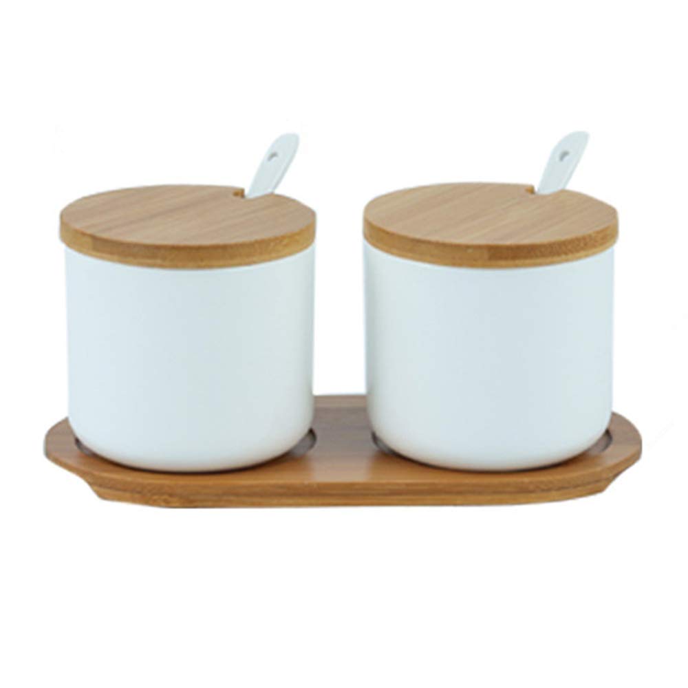 OnePine Set of 2 Sugar Bowl, 260ml Ceramic Spice Jar Salt Container with Lid and Spoon for Home and Kitchen