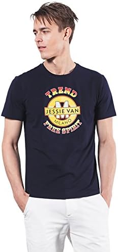 Honesy Mens Cotton Letter Prints Crewneck Short-sleeve T-shirt Navy M