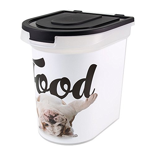 Paw Prints 26 Pound Plastic Rolling Pet Food Bin, Carlos The Bulldog Design, Includes Measured