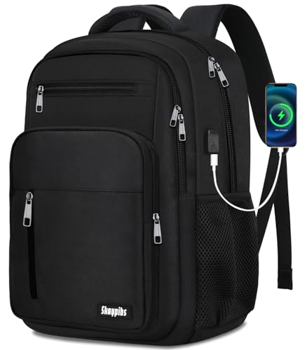 Skaypibs Black Backpack for Men Women, School Backpack for Boys Girls Teens, 15.6 Inch Laptop Backpacks with USB Port, Water Resistent Book bag, Work College Bookbag, back pack, Mochila para hombre