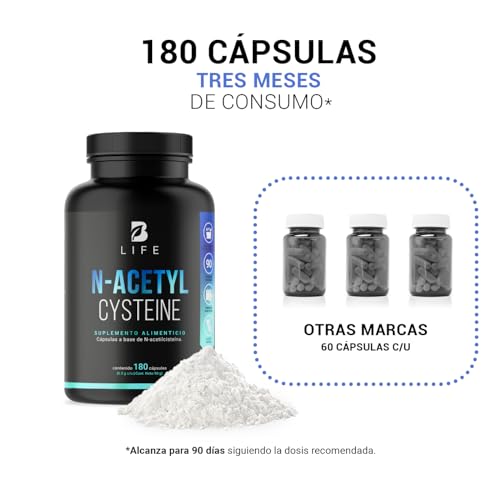 NAC N Acetil Cisteína de 180 Cápsulas 500 mg. Ingredientes naturales. N-Acetyl Cysteine B Life