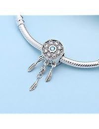 Atrapasueños colgantes de plata de ley 925 con colgante de plumas y flores para pulsera  pea