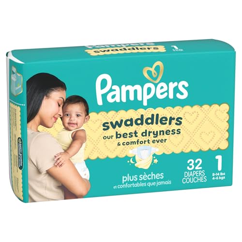PAMPERS SWADDLERS DIAPERS, SIZE 1 (8-14 LBS), 32 COUNT, ABSORBENT, KEEPS BABY DRY AND COMFORTABLE, SKIN SAFE DISPOSABLE BABY DIAPER (PACKAGING MAY VARY)