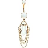 Pierced Owl 14GA 316L Stainless Steel White Opalite Crystal with 4 Tiered Dangling Chains Belly Button Ring