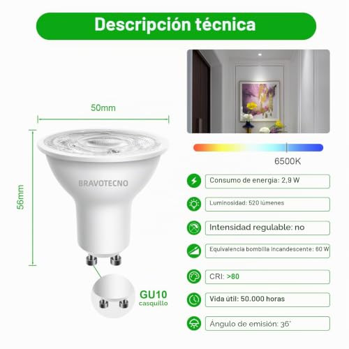 bravotecno GU10 LED Bulb, Energy Class A, Cool White 6500K 2.9W 520LM, GU10 Spotlight 36° Equivalent to 60W, Non-Dimmable, Low Heat Generation & Long Life, 12 Pieces