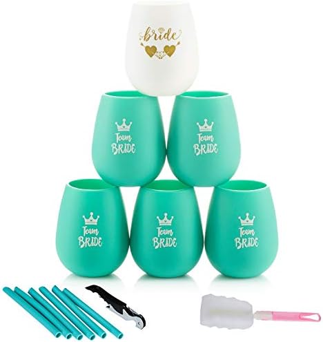 Set of 14 Wedding Bridesmaid Proposal Gift Kits - 1 Bride Silicone Cup 5 Mint Green Team Bride Cups 1 Opener 1 Brush and 6 Silicone Straws - Bachelorette Party Bridal Shower Wine Glasses