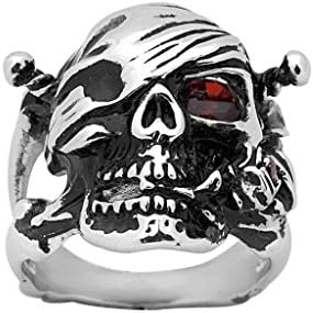 Stainless Steel Pirate Skull Ring with Red Eye (Available in Sizes 10 to 14) size 13