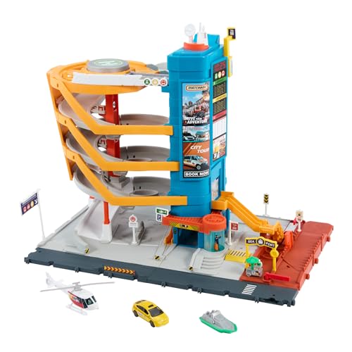 Matchbox Spielzeugautos und Spielset, Transport-Center mit 5 Etagen, von Kindern und Autos aktivierbare Funktionen, enthält Taxi, Boot und Hubschraube