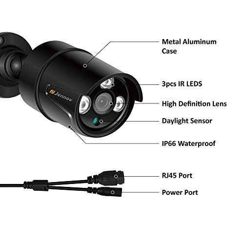 Jennov HD 1080P POE IP Security Camera Outdoor Home Surveillance Video CCTV Camera with 3.6mm Lens IR-Cut Night Vision Free Remote View App Motion Detection IP66 Weatherproof(Black)