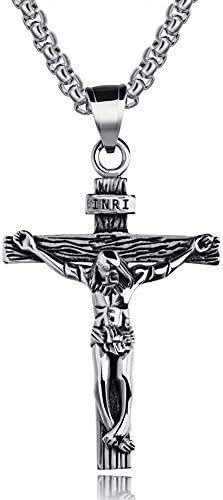 Yolanda Vintage Stainless Steel Christ Jesus Cross Crucifix Pendant Necklace For Men (Silver)