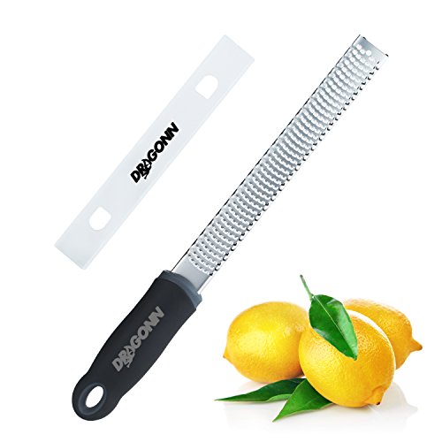 DRAGONN Citrus & Cheese Zester Grater Razor Sharp Stainless Steel Blade with Black Handle, Safety Cover and Rubber Footings - Dishwasher Safe