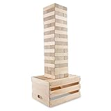 Sunny & Fun Giant Toppling Tower - 60 Jumbo Wooden Blocks Stacks to 5+ Feet - Oversized Indoor & Outdoor Stacking Game for Adults & Kids w/ 2-in-1 Storage & Table Crate - for Party Yard Lawn Backyard