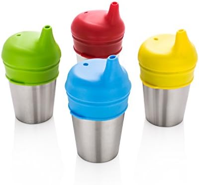 8 oz Stainless Steel Cups with Silicone Sippy Cup Lid for Kids and Toddlers - Set of 4 Cups and 4 Lids - Red, Green, Blue, Yellow - Shatterproof and Spill Resistant - BPA Free and Non-Toxic