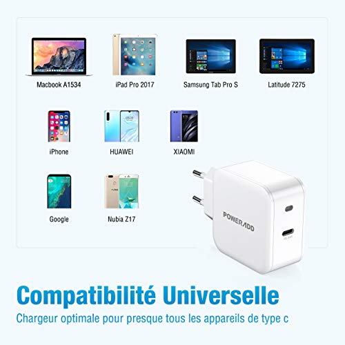 POWERADD Chargeur Secteur Mural USB C -30 W Quick Charge Protections Multiples avec Indicateur LED Compatibilité Universelle Compact et Portable Blanc pour Smartphone Tablette