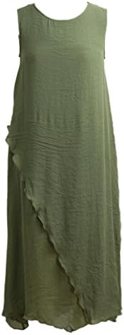 Women Summer Dress Sleeveless O Neck Long Maxi Linen Dress Loose Boho Sundress Army Green L