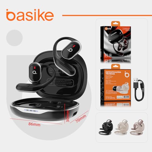 Fone De Ouvido Bluetooth Esportes, Basike T6, IPX5/OWS Fone de Ouvido Estéreo Hi-Fi, Suporta Chamadas de Voz, 60 Horas em Standby Para Corrida e Exercícios ao Ar Livre (Preto)