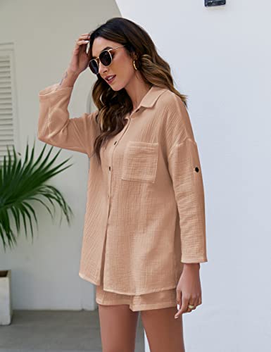 2 PIECE OUTFITS FOR WOMEN, LOUNGE SETS PAJAMA SETS LONG SLEEVE BUTTON DOWN OVERSIZED SHIRTS AND SHORTS WITH POCKETS(KHAKI-XS)