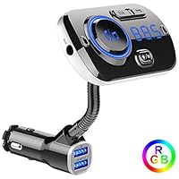 Bluetooth FM Transmitter for Car, Support Aux/TF Card/USB Disk, ECRAB Wireless Radio Transmitter Adapter Car Kit with Dual Charging Port, Hands-Free, Colorful Light