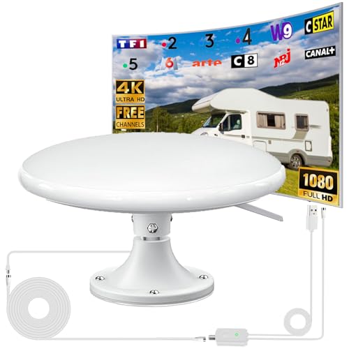 Antenne TV Exterieure Puissante DVB-T/DVB-T2, Réception Omnidirectionnelle 720° Antenne TNT Exterieur, pour Camping Car, Caravane, Fourgon, Van, Camion, Bateau (White-RV01)