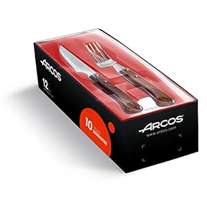 ARCOS Juego de 12 Cubiertos para Mesa. Set de 6 Cuchillos Chuleteros y 6 Tenedores en Madera de Haya y Acero Inoxidable. Estuche para Carne. Serie Mesa. Color Marrón
