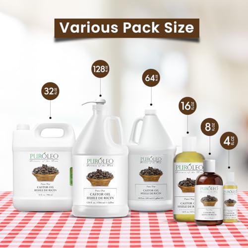 PUROLEO Castor Oil 64 Fl Oz/1893 ML (Packed In Canada) 100% Pure and Natural Hair, Lash, Beard, Eyelashes & Eyebrow Oil Black castor oil for brow lashes, Make eyelash serum, hair serum for dry hair and frizzy | huile de ricin pour huile de ricin pour cheveux
