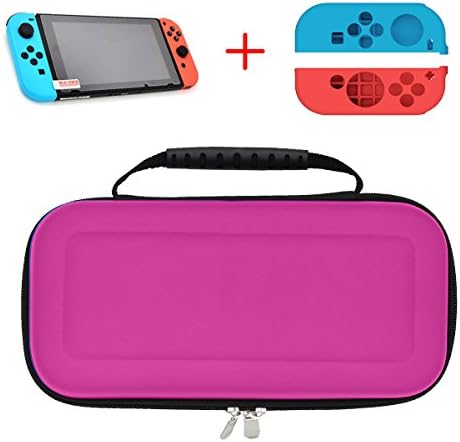 HuonGoo Carrying Case for Nintendo Switch Protective Storage Bag + high-definition Glass Screen Protector for Switch 2017 +2 Piece Soft Anti-slip Silicone Protective Cover. (Hot Pink)
