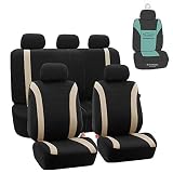 FH Group FB054115 Cosmopolitan Flat Cloth Full Set Car Seat Covers, (Airbag Compatible & Split Bench) w Gift, Beige/Black Color -Fit Most Car, Truck, SUV, or Van