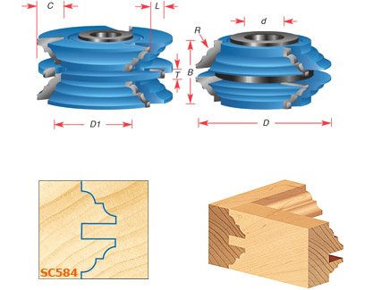 Amana Tool SC585 2-PC Carbide Tipped 3-Wing Stile & Rail Bead & Cove Cabinet Door 3-9/16 D x 1-9/16 CH x 3/16 R x 1/2 & 3/4 Bore Shaper Cutter Set for 1-3/8 Material