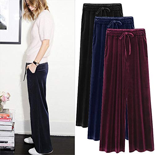 Sunmoot Wide Leg Pant for Women Plus Size Causal Loose Gold Velvet Drawstring Trousers