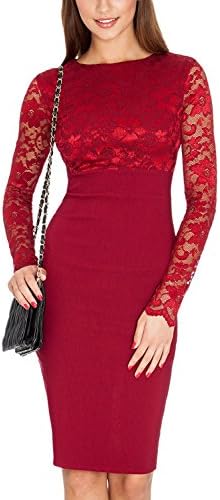 Balleay Custom Bridesmaid Dress Floral Lace Scoop Neck Long Sleeve Knee-length Wedding Dress Pencil Dresses BAU3111 (16, Red)