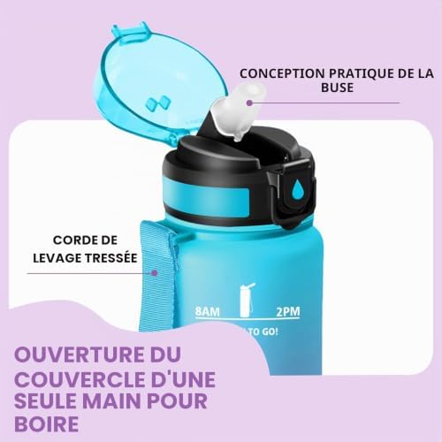 Gourde Enfant, 500 ml Anti-Fuite, Gourde Paille, avec Marqueur de Temps, Bouteille d'eau, Poignée de Transport, Bouteille avec Paille, pour L’école, Sport, Yoga, Bleu Violet