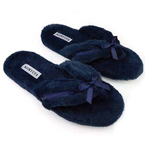 Komyufa Women Fur Flip Flop Slipper Winter Soft Lightweight Memory Foam Home House Slipper Indoor and Outdoor(L/7.5-8.5 B(M) US, Navy Blue)