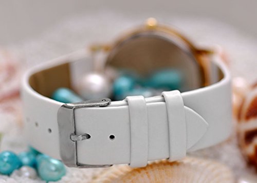 JSDDE - Montre Quartz Mixte Plume de Paon Bracelet en PU Cuir Blanc