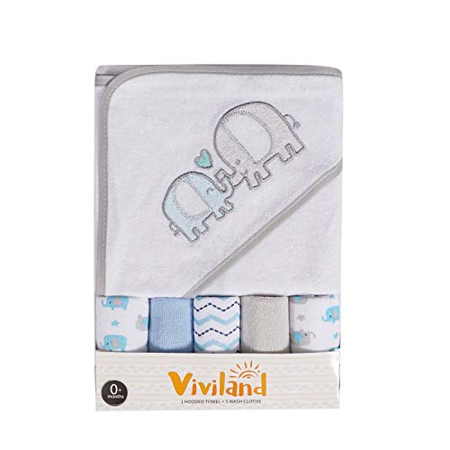 Viviland Baby Hooded Bath Towel and Washcloths, Great Gift for Infants and Newborn, Soft Touch and Strong Absorption, 6 Pack