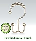 THE DOUBLE HOOK Double Shower Curtain Hooks, 100% Rustproof BRUSHED Nickel 304 Grade Stainless Steel Rollers, Heavy-Duty, Decorative Design, Easy-To-Install, 12 piece set by Kimberly-Carr Home Designs