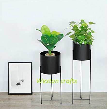 Weston Crafts Metal Plant Stand Set- 2- Piece Metal Tall Flower Pot Stand with G I Pot Powder Coating, Black